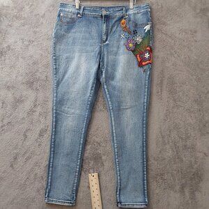 Twenty One Black Rue21 Embroidered Skinny Jeans Light Wash Floral Size 18